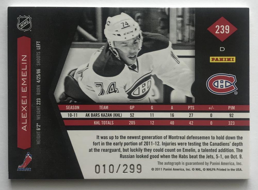 2011-12 Panini Limited Phenoms RC Alexei Emelin MINT Rookie 10/299 Patch 07608