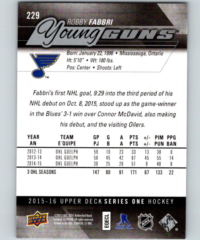 2015-16 Upper Deck #229 Robby Fabbri Young Guns YG RC Rookie Y861