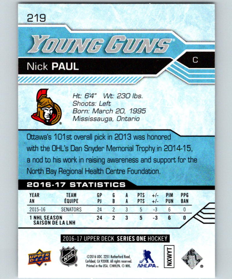 2016-17 Upper Deck #219 Nick Paul Young Guns MINT RC Rookie Y861