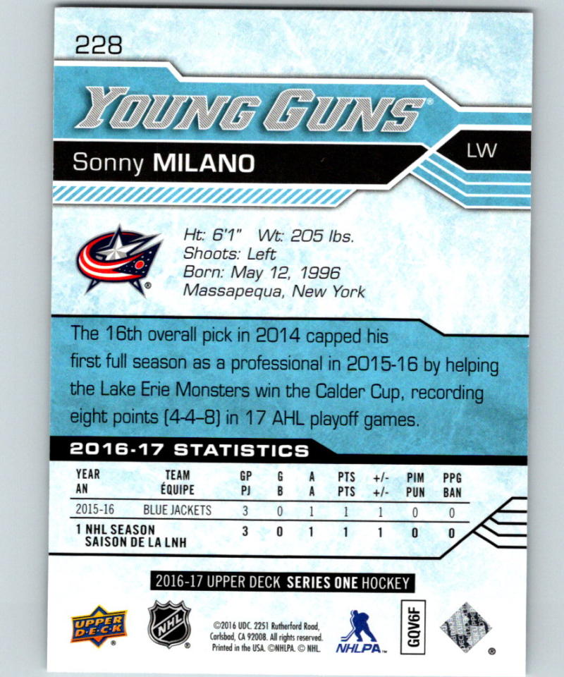 2016-17 Upper Deck #228 Sonny Milano Young Guns MINT RC Rookie Y861