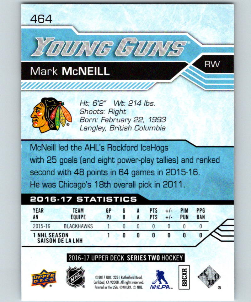 2016-17 Upper Deck #464 Mark McNeill Young Guns MINT RC Rookie Y861