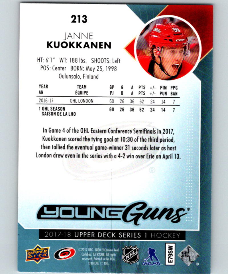 2017-18 Upper Deck #213 Janne Kuokkanen Young Guns MINT RC Rookie Y861