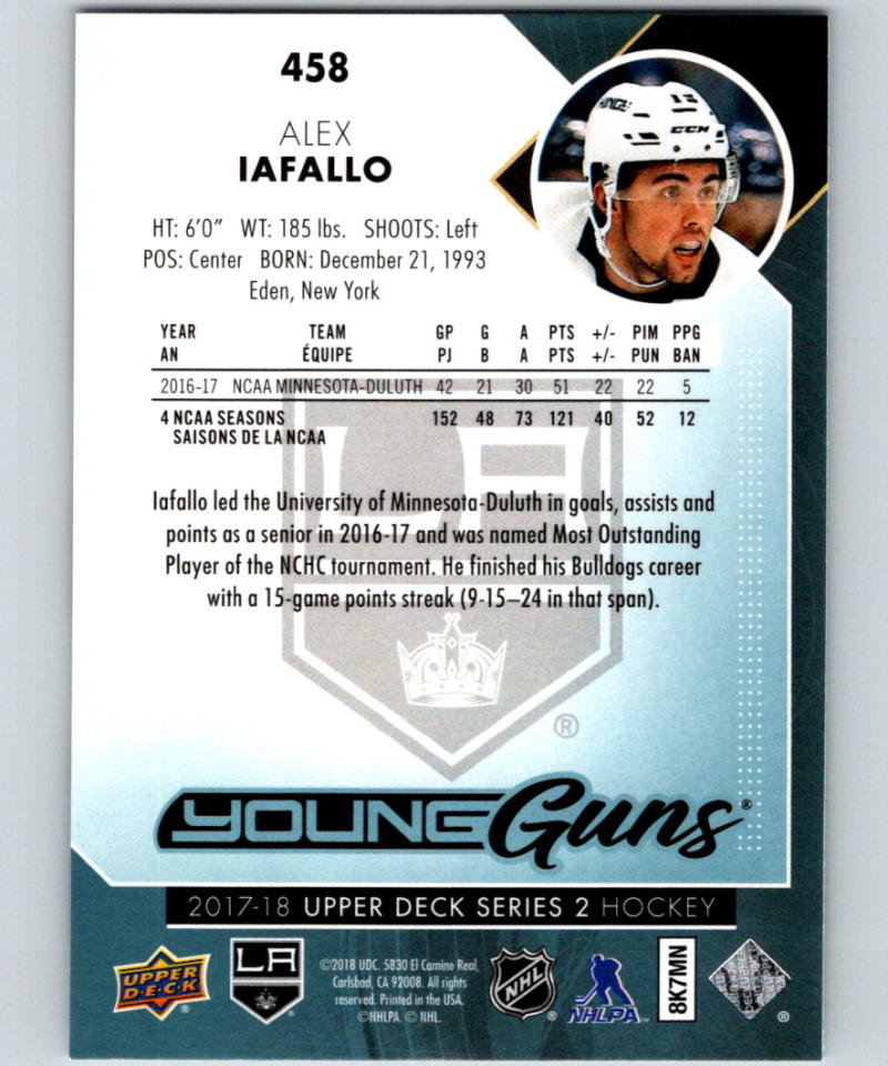 2017-18 Upper Deck #458 Alex Iafallo Young Guns MINT RC Rookie Y861