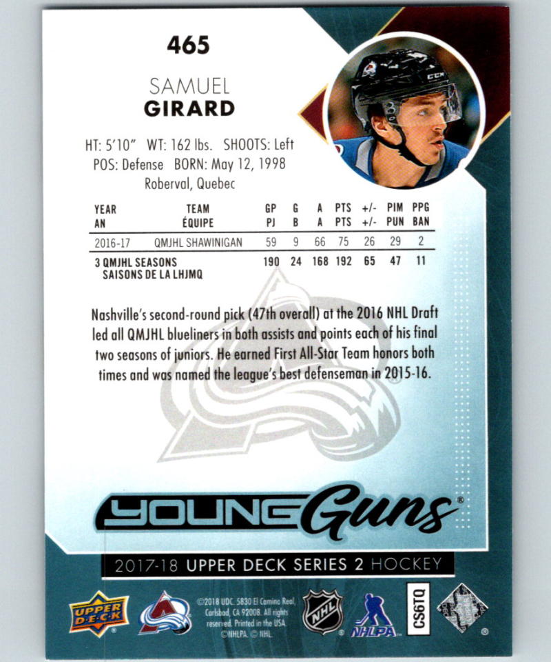 2017-18 Upper Deck #465 Samuel Girard Young Guns MINT RC Rookie Y861