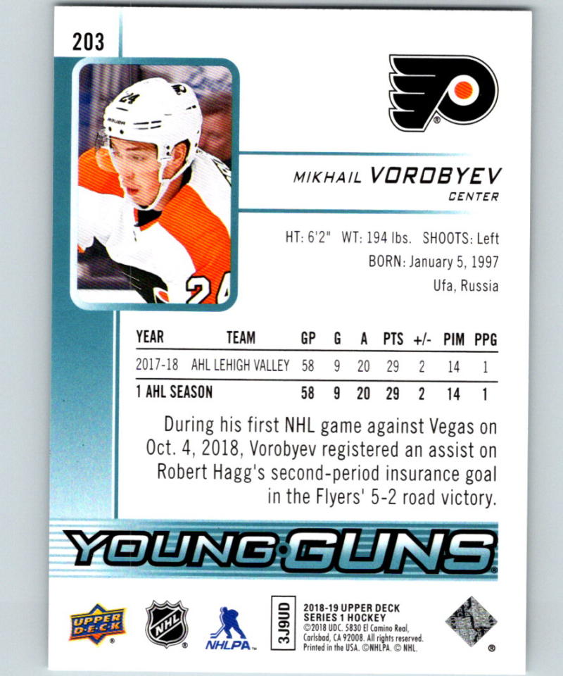 2018-19 Upper Deck #203 Mikhail Vorobyev Young Guns MINT RC Rookie Y861