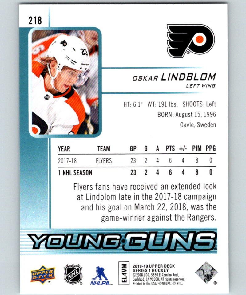 2018-19 Upper Deck #218 Oskar Lindblom Young Guns MINT RC Rookie Y861