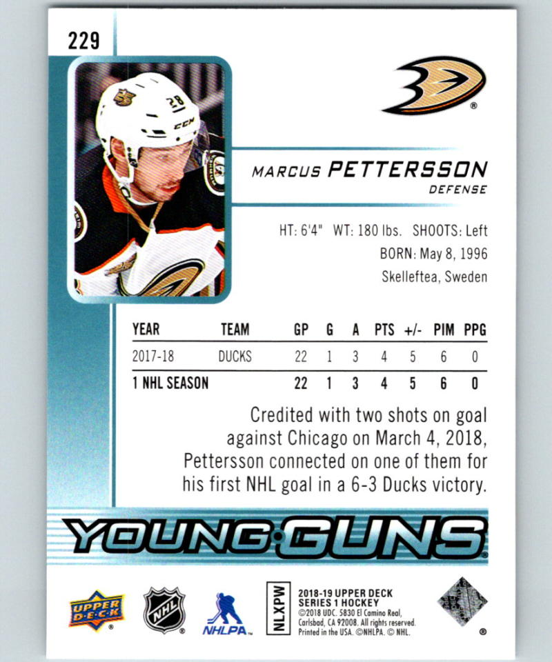 2018-19 Upper Deck #229 Marcus Pettersson Young Guns MINT RC Rookie Y861