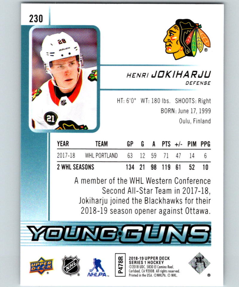 2018-19 Upper Deck #230 Henri Jokiharju Young Guns MINT RC Rookie Y861