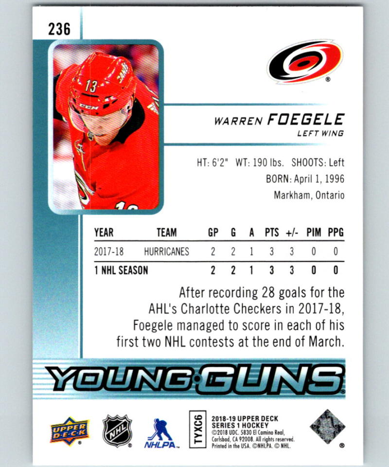 2018-19 Upper Deck #236 Warren Foegele Young Guns MINT RC Rookie Y861