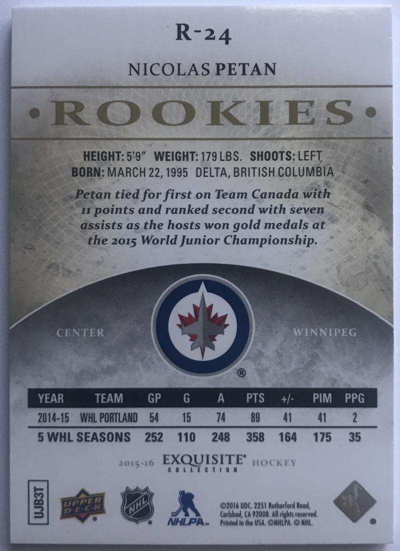 2015-16 Upper Deck Exquisite Collection Rookies Nicolas Petan 72/399 RC 07621