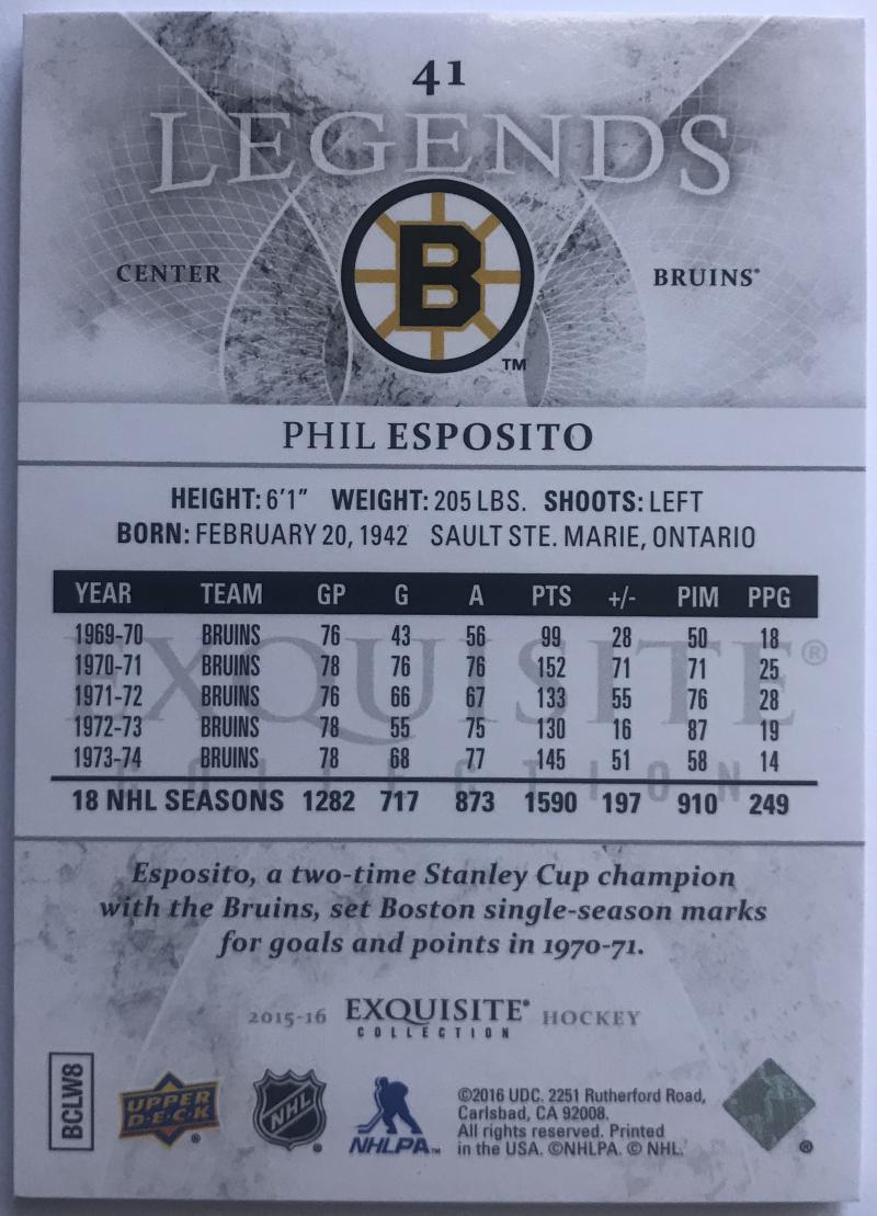 2015-16 Upper Deck Exquisite Collection Legends Phil Esposito 198/499 Bruins 07622 Image 2