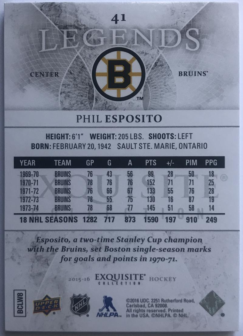 2015-16 Upper Deck Exquisite Collection Legends Phil Esposito 343/499 Bruins 07623 Image 2