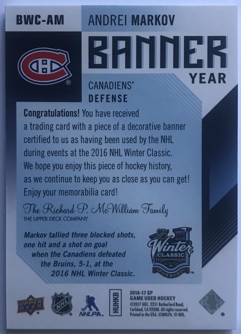 2016-17 SP Game Used Hockey Banner Year Winter Classic Andrei Markov 07626