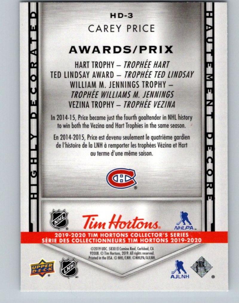 2019-20 Upper Deck Tim Hortons Highly Decorated #HD-3 Carey Price MINT 07159 Image 2