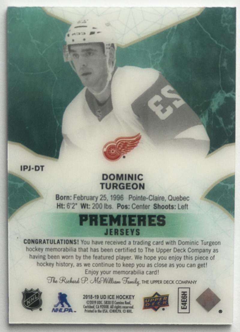 2018-19 Upper Deck Ice Premieres Jerseys Dominic Turgeon NHL MEM 07701 Image 2