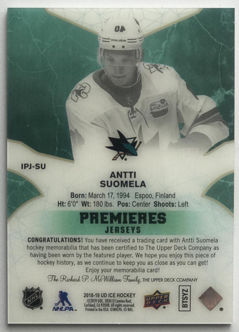 2018-19 Upper Deck Ice Premieres Jerseys Antti Suomela NHL MEM 07702 Image 2