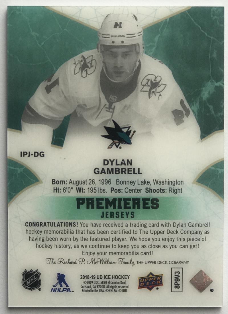 2018-19 Upper Deck Ice Premieres Jerseys Dylan Gambrell NHL MEM 07703 Image 2