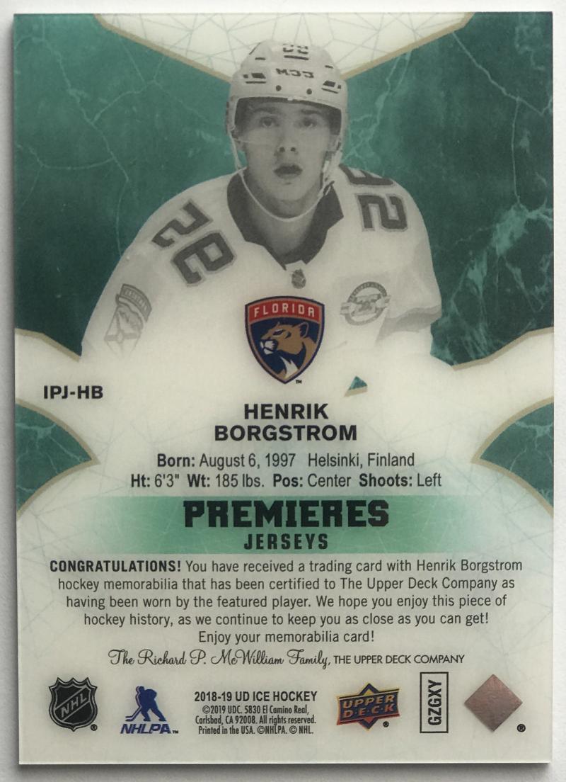 2018-19 Upper Deck Ice Premieres Jerseys Henrik Borgstrom NHL MEM 07704 Image 2