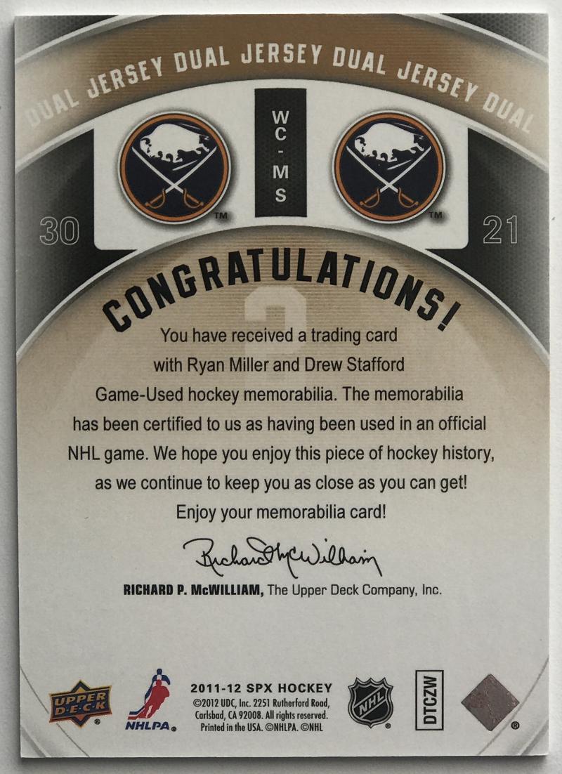 2011-12 SPx Winning Combos Jersey Ryan Miller/Drew Stafford NHL 07707