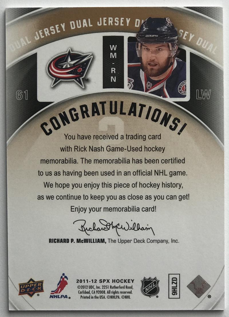 2011-12 Upper Deck SPx Winning Materials Rick Nash NHL Jersey 07710 Image 2
