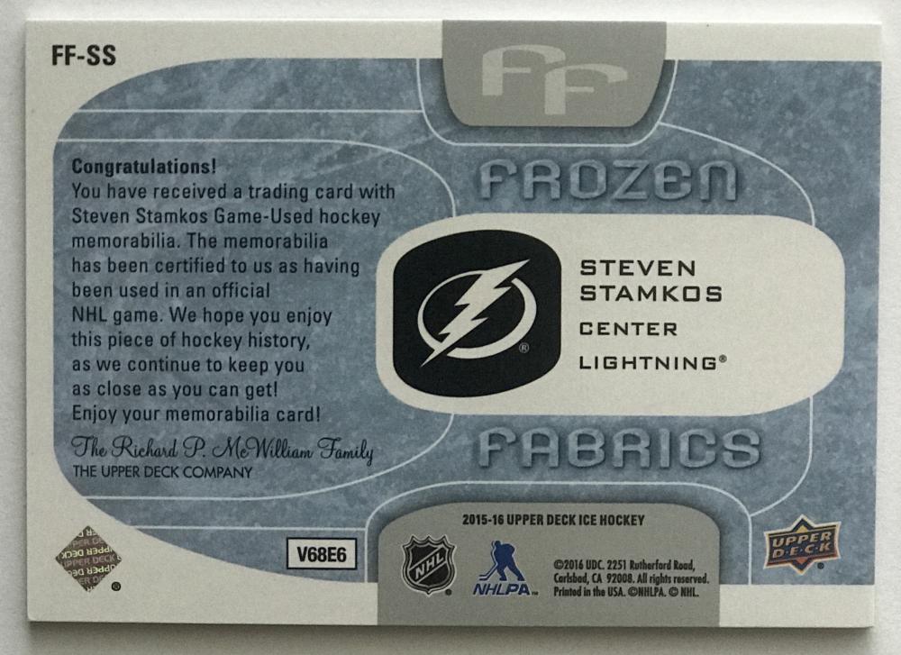 2015-16 Upper Deck Ice Frozen Fabrics Steven Stamkos NHL Jersey 07717 Image 2