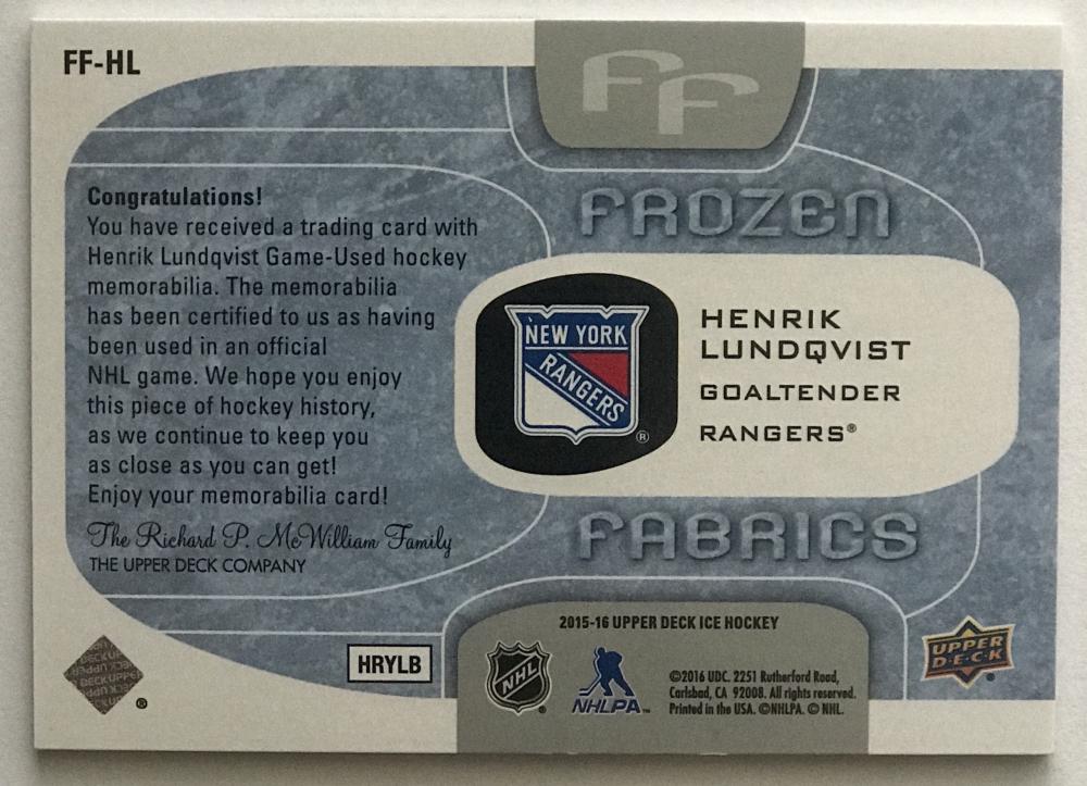 2015-16 Upper Deck Ice Frozen Fabrics Henrik Lundqvist NHL Jersey 07718