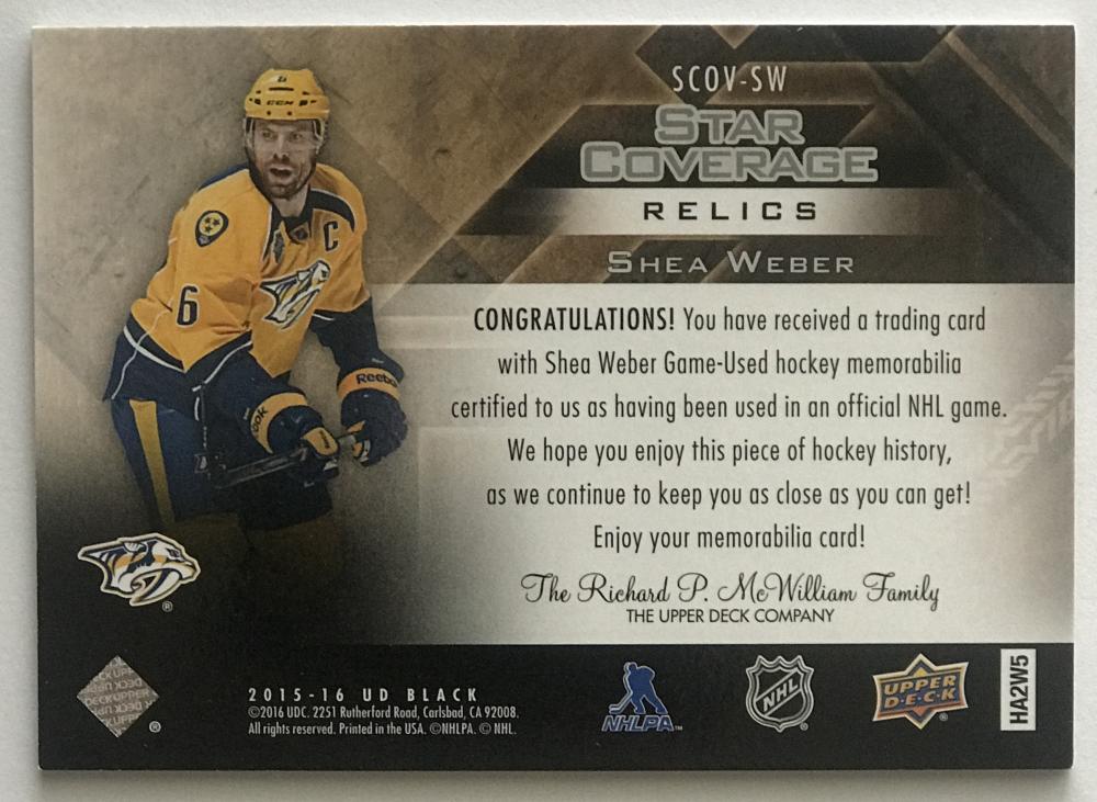 2015-16 Upper Deck Black Star Coverage Relics Shea Weber Jersey 07720 Image 2