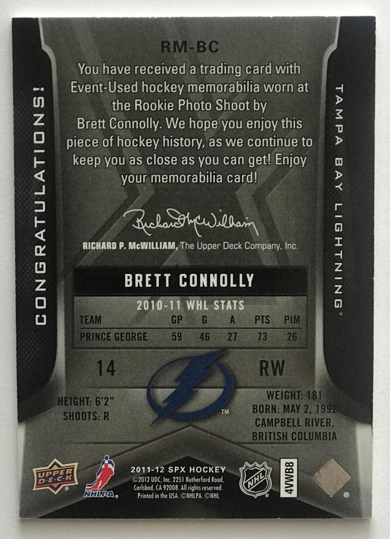 2011-12 Upper Deck SPx Rookie Materials Brett Connolly NHL Jersey 07723