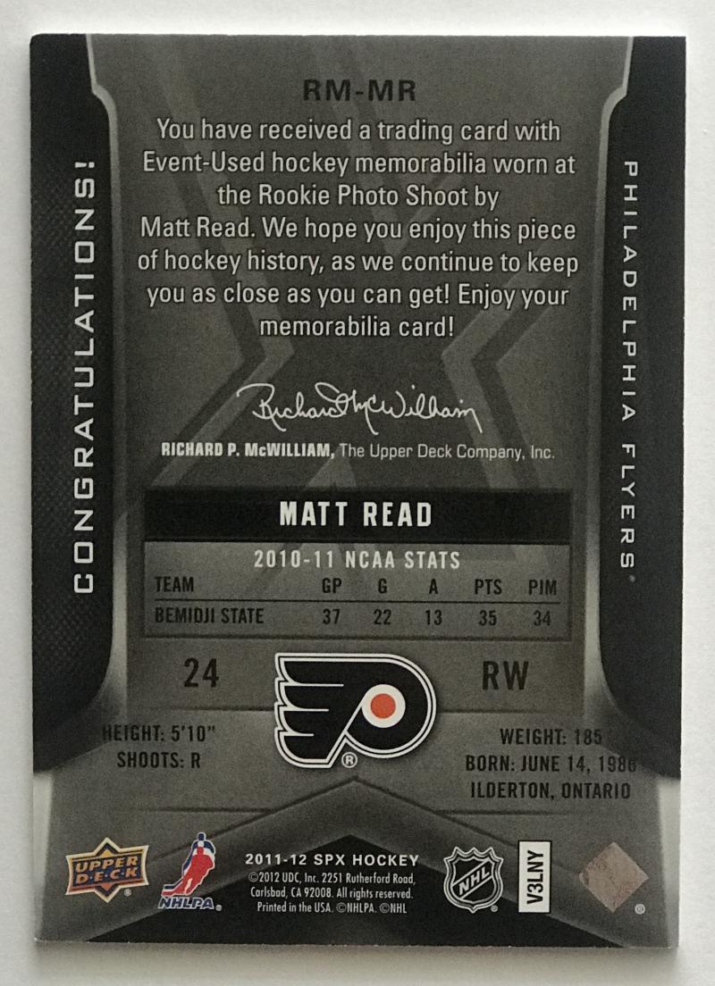 2011-12 Upper Deck SPx Rookie Materials Matt Read NHL Jersey 07724