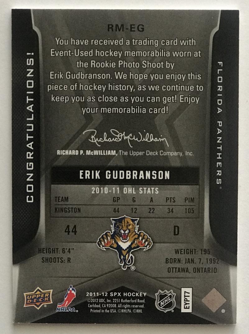2011-12 Upper Deck SPx Rookie Materials Gudbranson NHL Jersey 07725 Image 2