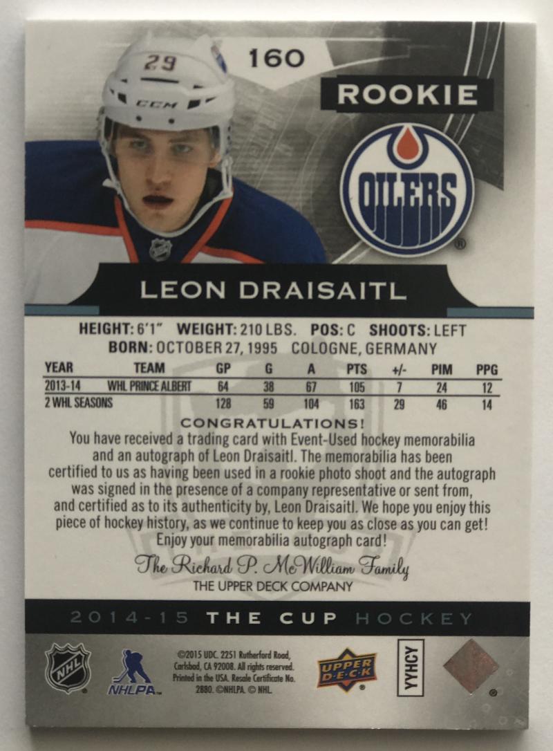 2014-15 Upper Deck The Cup #160 Leon Draisaitl RC Rookie Patch Auto 205/249