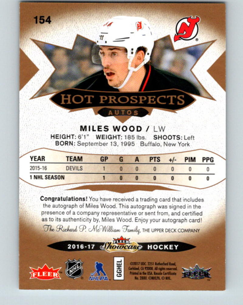 2016-17 UD Fleer Showcase Hot Prospects Autos Miles Wood RC Rookie 07732