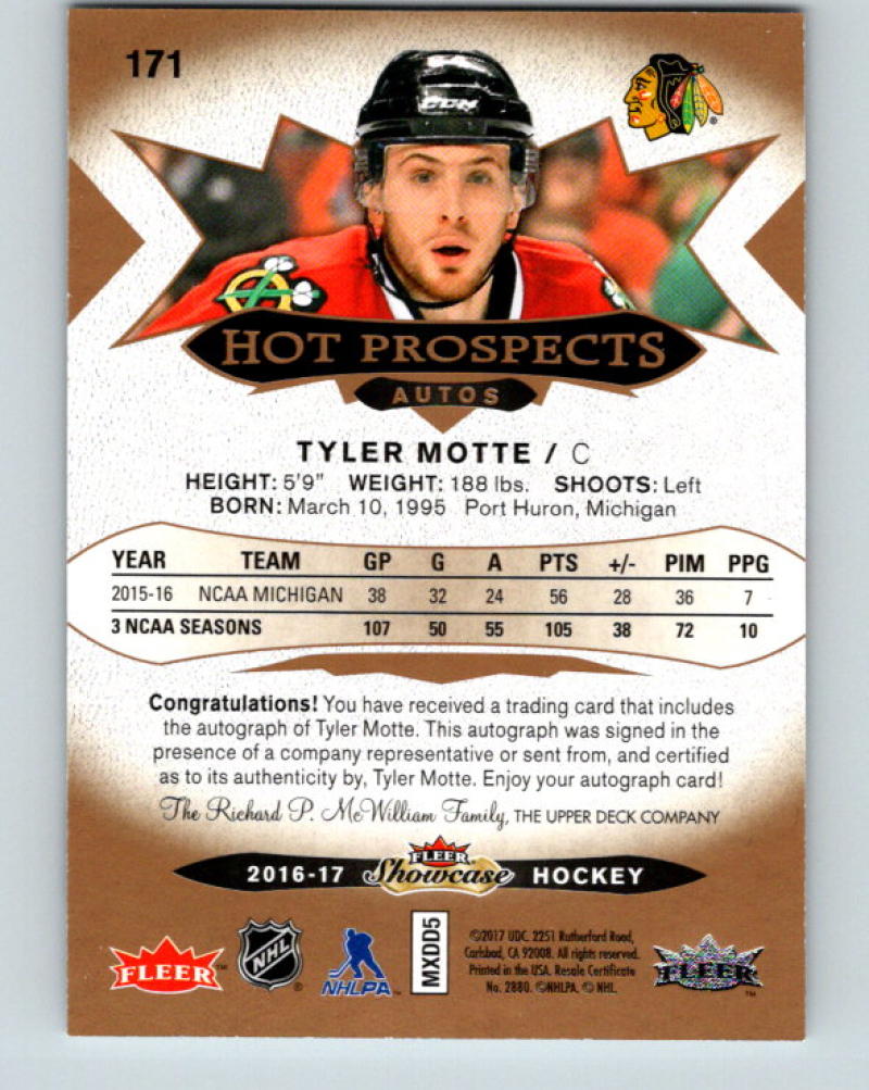 2016-17 UD Fleer Showcase Prospects Autos Tyler Motte RC Rookie 07734