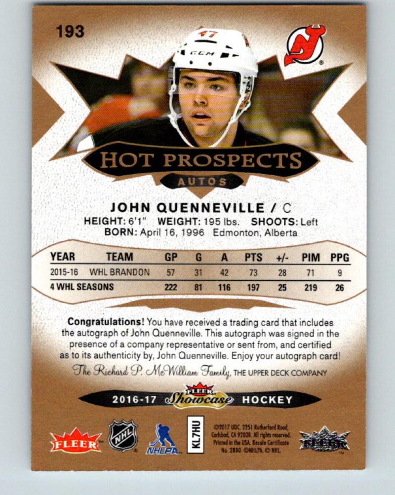 2016-17 UD Fleer Showcase Prospects Autos John Quenneville RC Rookie 07735