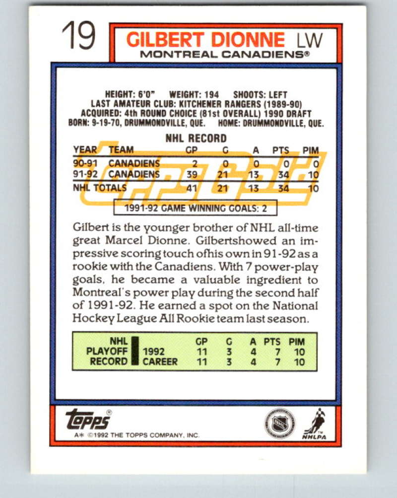 1992-93 Topps Gold #19G Gilbert Dionne Mint Montreal Canadiens