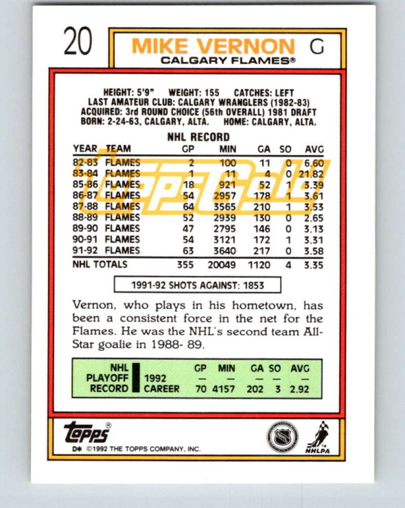 1992-93 Topps Gold #20G Mike Vernon Mint Calgary Flames