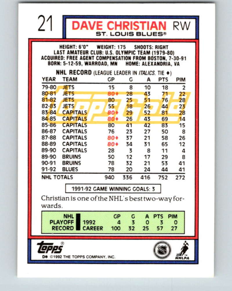 1992-93 Topps Gold #21G Dave Christian Mint St. Louis Blues Image 2