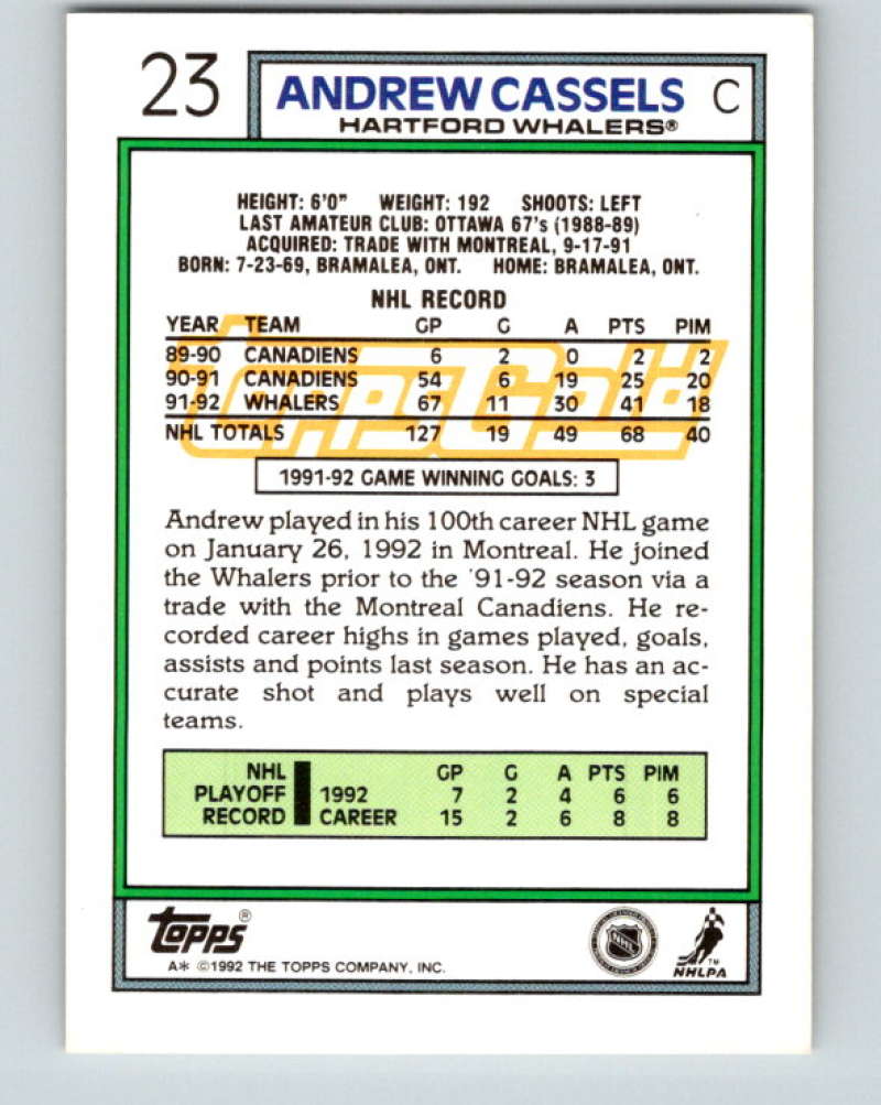 1992-93 Topps Gold #23G Andrew Cassels Mint Hartford Whalers
