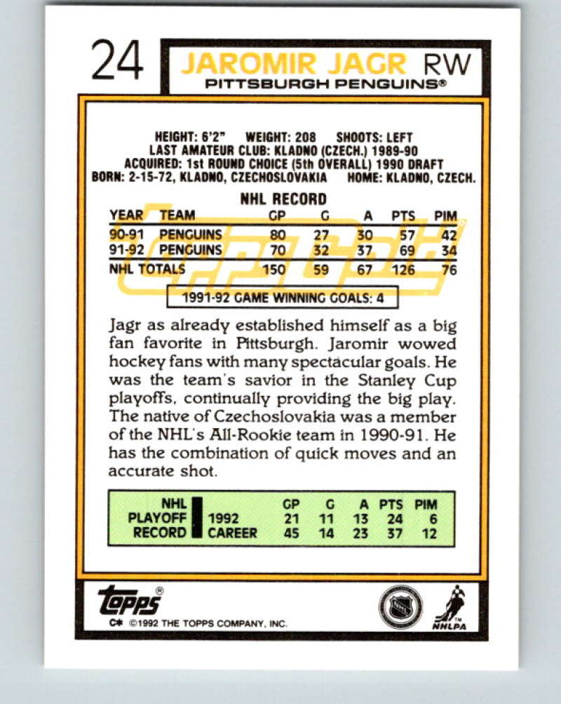 1992-93 Topps Gold #24G Jaromir Jagr Mint Pittsburgh Penguins