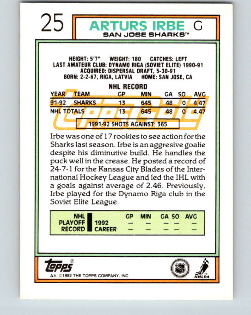 1992-93 Topps Gold #25G Arturs Irbe Mint San Jose Sharks