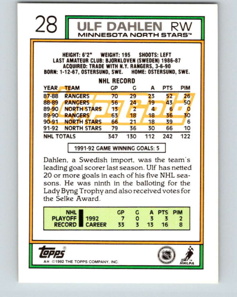 1992-93 Topps Gold #28G Ulf Dahlen Mint Minnesota North Stars Image 2
