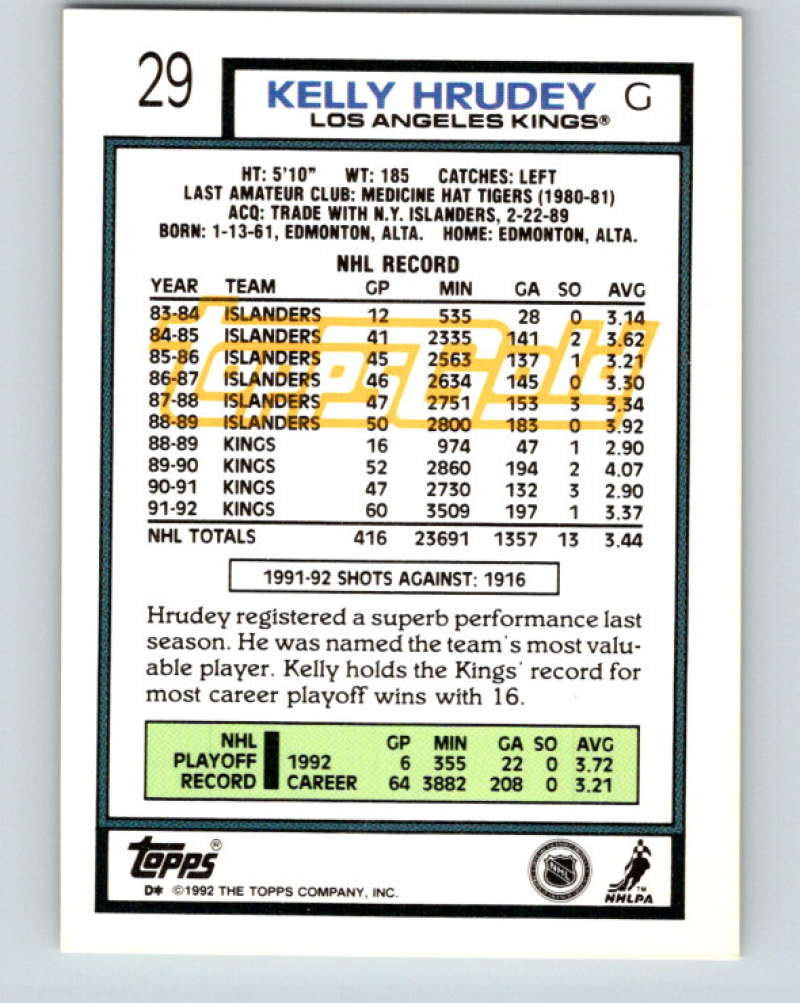 1992-93 Topps Gold #29G Kelly Hrudey Mint Los Angeles Kings Image 2