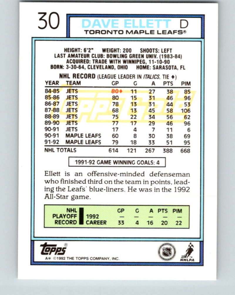 1992-93 Topps Gold #30G Dave Ellett Mint Toronto Maple Leafs
