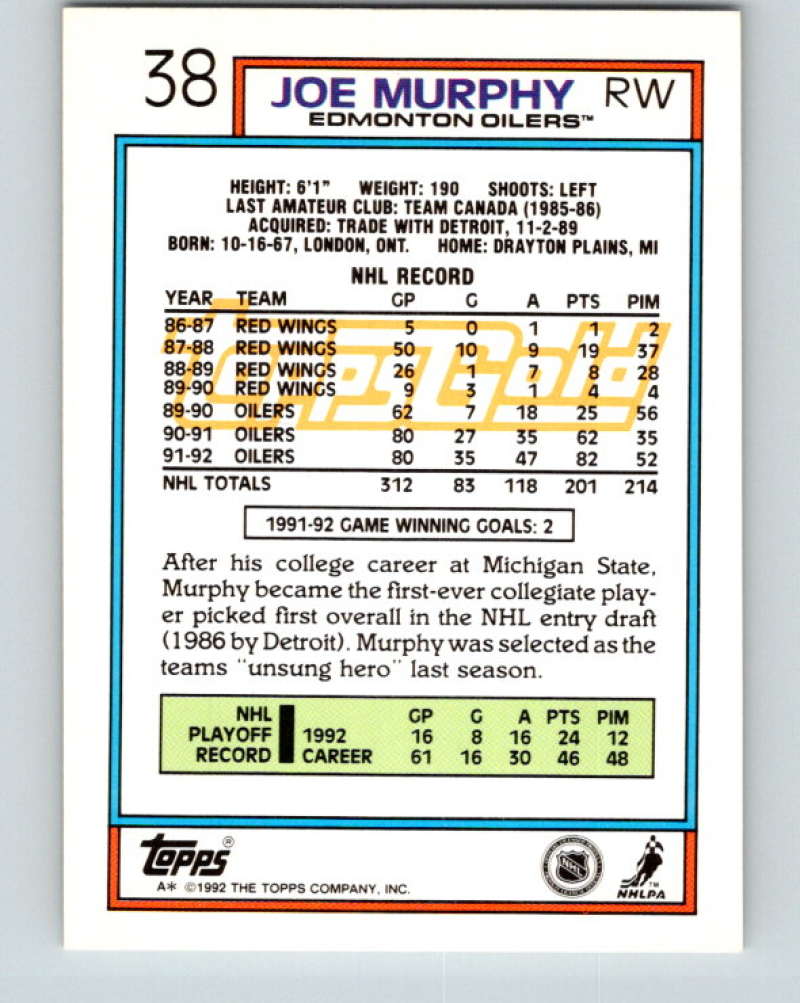 1992-93 Topps Gold #38G Joe Murphy Mint Edmonton Oilers