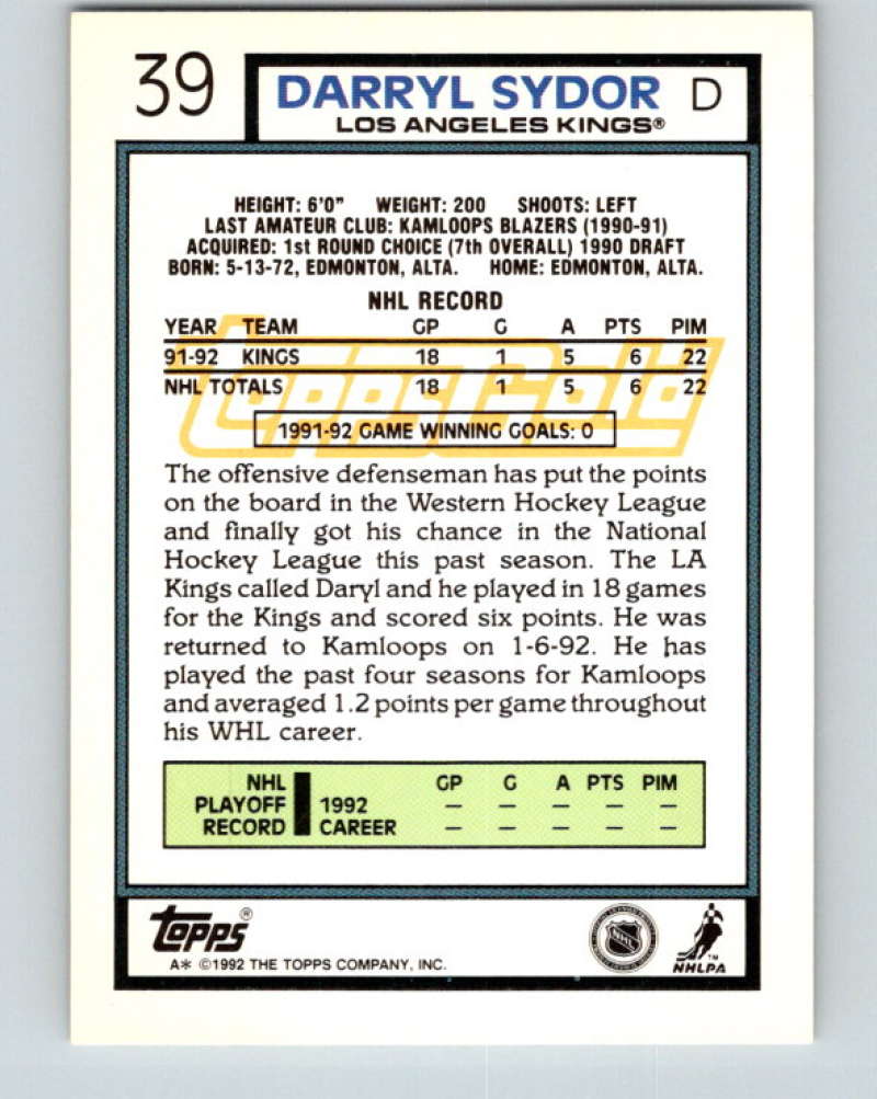 1992-93 Topps Gold #39G Darryl Sydor Mint Los Angeles Kings Image 2