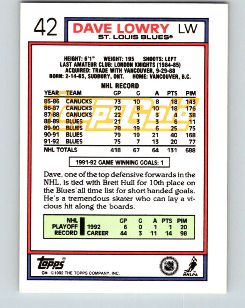 1992-93 Topps Gold #42G Dave Lowry Mint St. Louis Blues