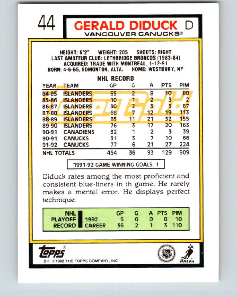 1992-93 Topps Gold #44G Gerald Diduck Mint Vancouver Canucks