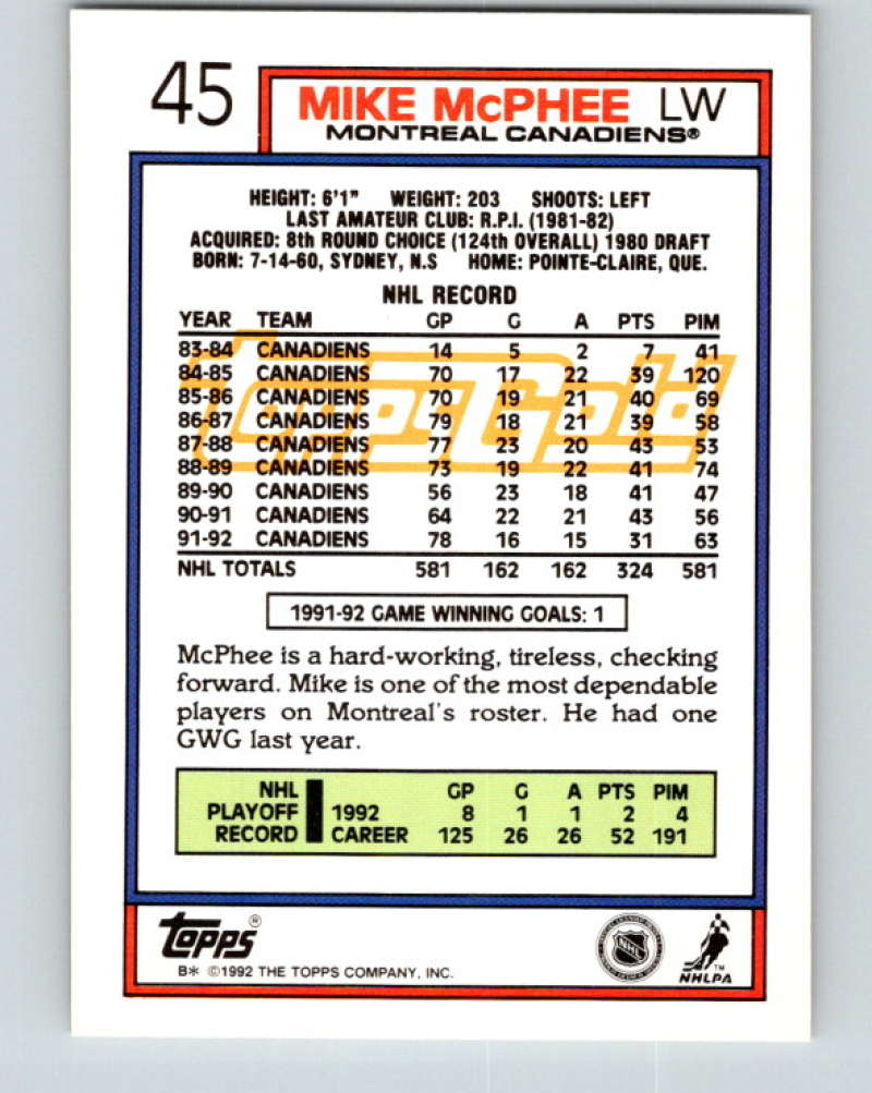 1992-93 Topps Gold #45G Mike McPhee Mint Montreal Canadiens