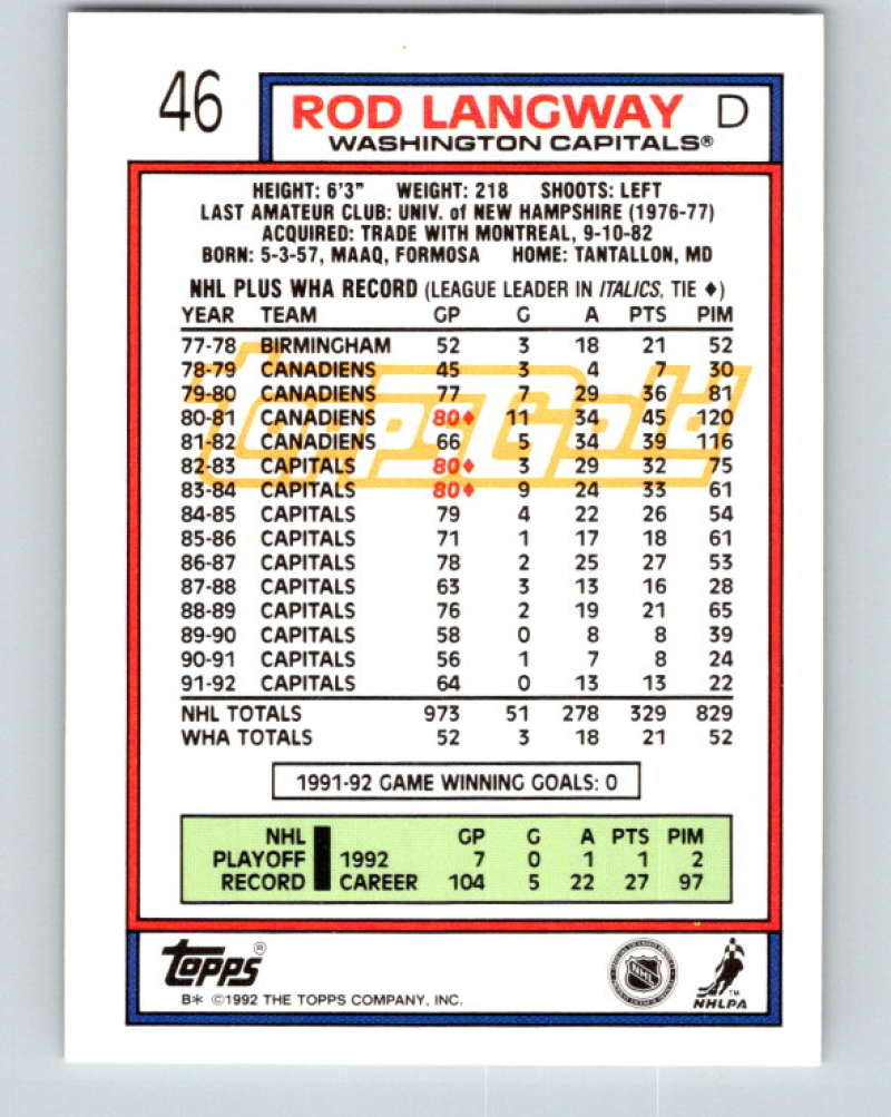 1992-93 Topps Gold #46G Rod Langway Mint Washington Capitals
