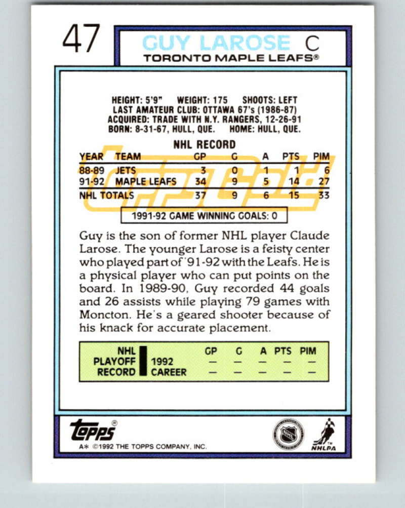 1992-93 Topps Gold #47G Guy Larose Mint Toronto Maple Leafs Image 2